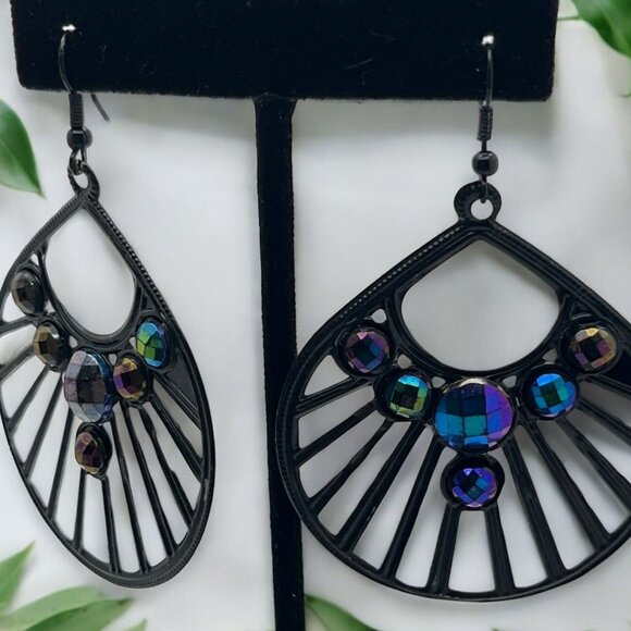 Black Fan-Shaped Dangle Earrings with Iridescent Rhinestone Accents - Picture 1 of 6